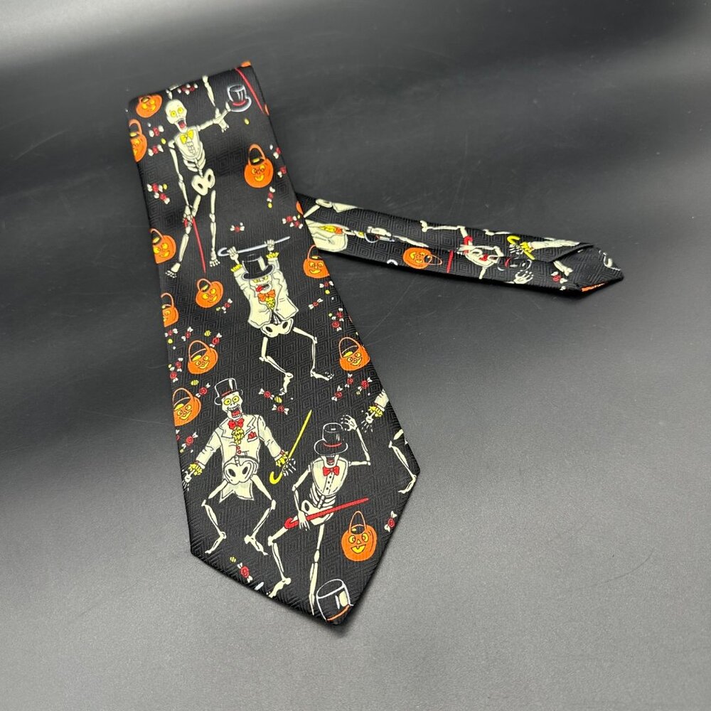 Vintage Halloween Tie Skeleton Pumpkins Necktie 90s Korea Jack O Lantern Kitsch